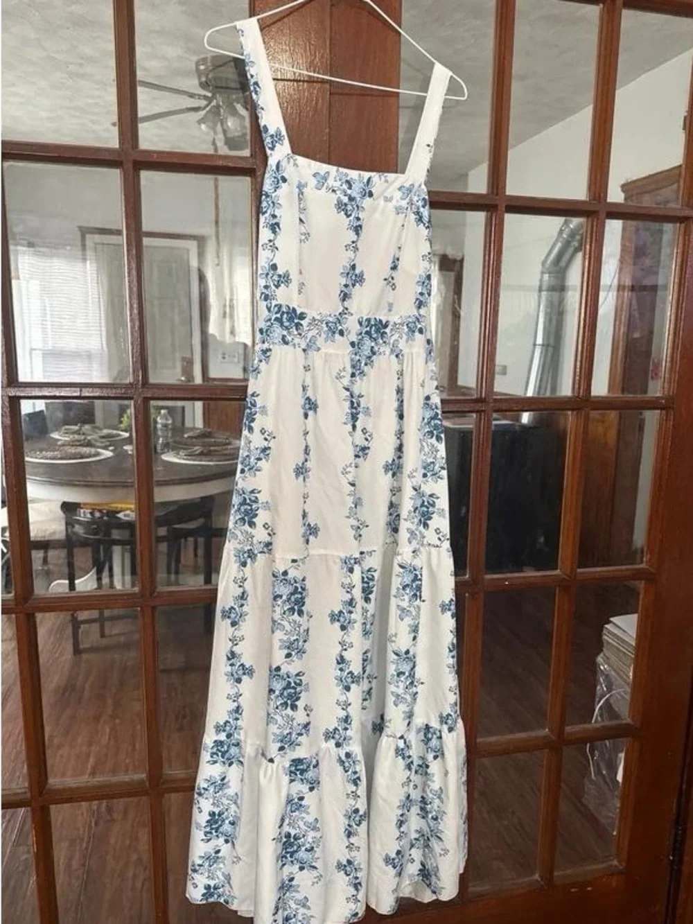 White Maxi Dress with Blue Floral Print — Sleeveless Tiered Summer Dress